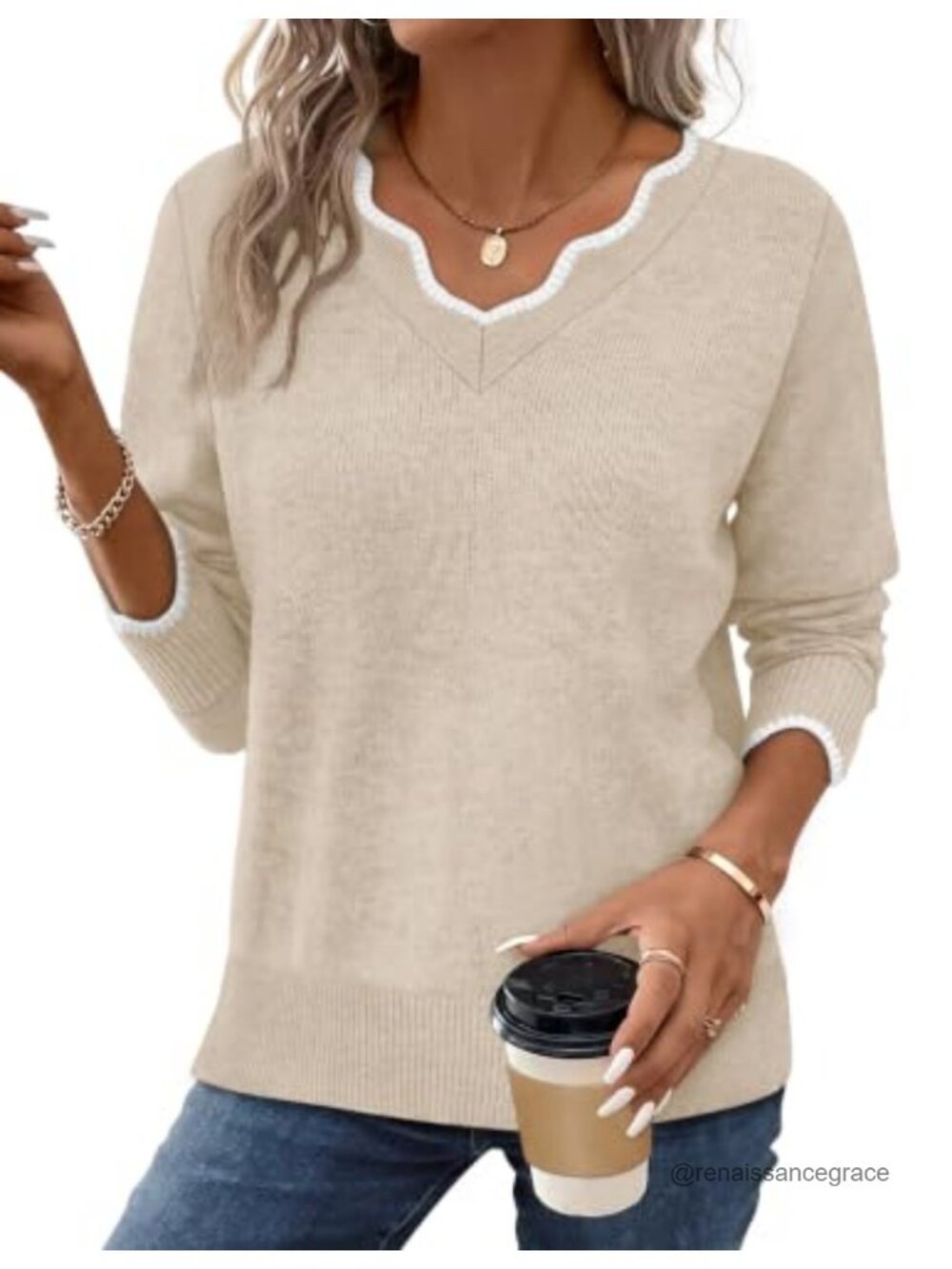 Womens V Neck Pullover Sweater Lightweight Long Sleeve Cozy Fall Top